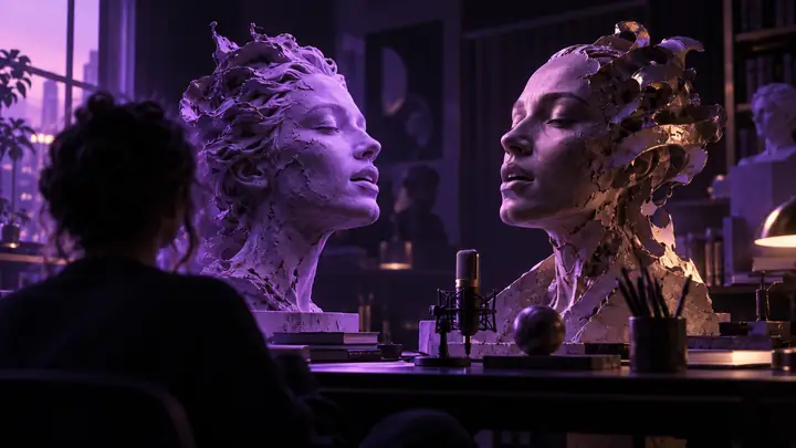 Two detailed sculptural faces in a dark creative workspace, lit by soft violet light, in a wide editorial composition.