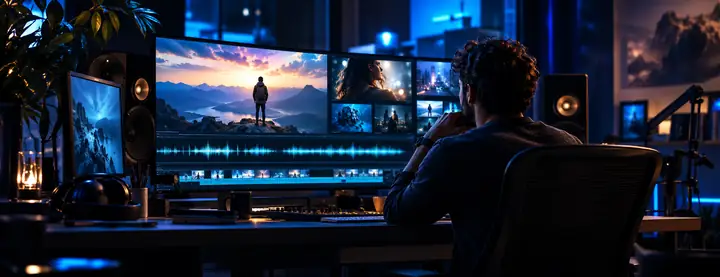 A creative producer in a dark editing studio with vivid video imagery and luminous blue accents, framed for a wide banner.