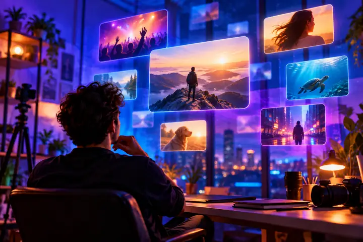 A young filmmaker looking toward colorful floating video frames in a vivid blue and violet creative workspace.