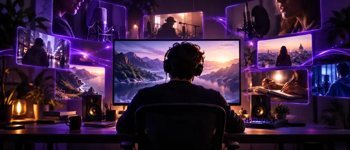 A cinematic desktop display surrounded by small video frames and violet light, composed as a wide creative-workflow banner.