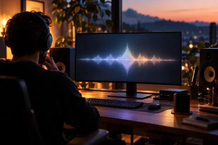 A clean audio workspace on a desktop screen, showing a softly glowing waveform and a minimal studio interface.