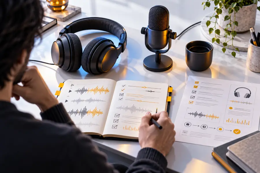 Review notes beside a voice workflow brief